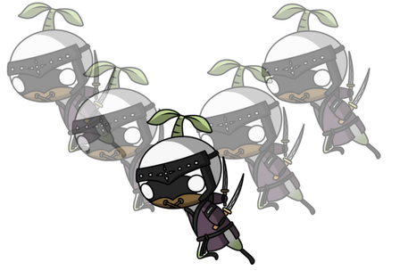 cartoon mandragora wearing a hatsuburi, surrounded by mirror images