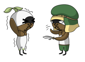 cartoon mandragora wearing a green bonnet, mugging another mandragora