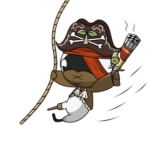 cartoon mandragora Corsair on a rope with its pirate hat and hex gun