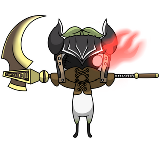 cartoon mandragora wearing a horned burgeonet, eye blazing red, wielding a scythe