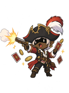 cartoon mandragora Corsair on a rope with its pirate hat and hex gun