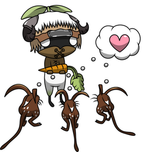 cartoon mandragora wearing a horned helm, offering a carrot to rabbits with a heart over their heads