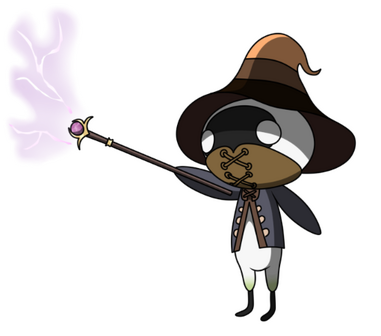 cartoon mandragora wearing a pointed, wide-brimmed petasos, casting lightning bolts from a wand